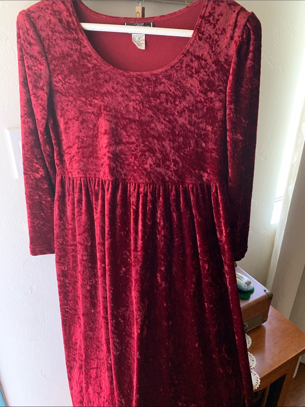 Vintage Crushed Velvet Midi Dress in Deep Red